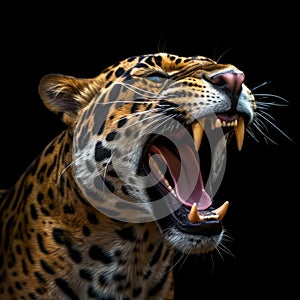 close up of jaguar roaring on black background