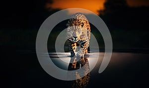 Close-up of a jaguar stalking prey in water at sunrise