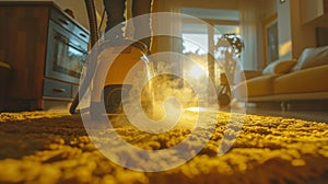 Close-up Of Janitor Cleaning Carpet With Vacuum Cleaner At Home. Room cleaning service.