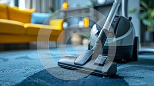 Close-up Of Janitor Cleaning Carpet With Vacuum Cleaner At Home. Room cleaning service.