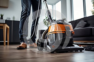 Close-Up of Janitor Using Vacuum Cleaner for Professional Carpet Cleaning Service. AI