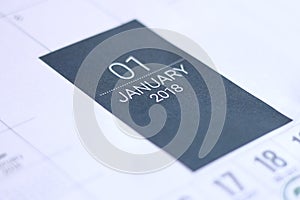 Close up of january 2018 on diary calendar.