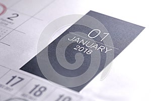 Close up of january 2018 on diary calendar.