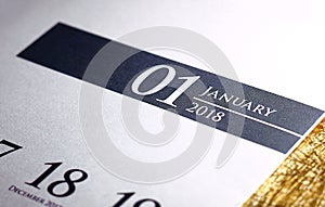 Close up of january 2018 on diary calendar.