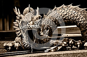 Close up of a Japanese Dragon Sculpture in dramatic black and white sepia