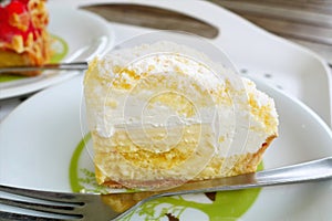 Close up japanese fresh cheese cake on white plate background.