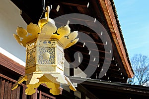 Close up Japanese Gold holy lantern for pray in Japanese shrine.