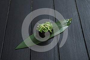 Close up of Japanese Gunkan Maki Sushi roll with Hiyashi wakame chuka and sesame seeds on bamboo leaf, wooden board.