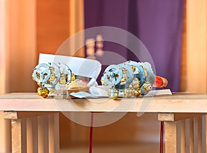 Close-up on Japanese Kagura bells music instrument used in Shinto shrines.