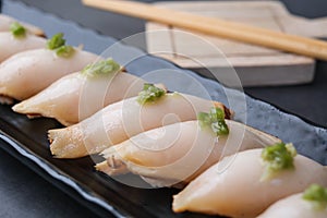 Close up Japanese nigiri made with escolar , butterfish or oilfish. healthy food with nutrition