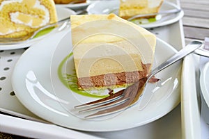 Close up japanese pudding bavarois cake on white plate background.