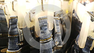 Close-up of jeans, display sales in shopping malls.