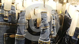 Close-up of jeans, display sales in shopping malls. photo