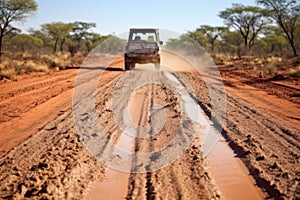 close-up of a jeep crossing a dusty safari road