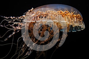 close-up of a jellyfish, with its delicate tentacles and stingers in full view