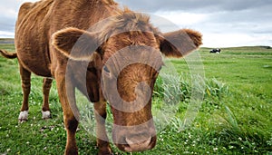 Close up of Jersey cow in grass with head lowered, looking at camera.