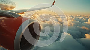 Close-up of jet engine on flying plane against clouded foreground