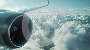 Close-up of jet engine on flying plane against clouded foreground