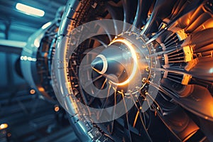 Close-up of a jet engine during startup in a clear and bright environment