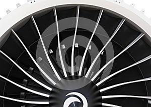 Close-up of jet fan engine turbo blades