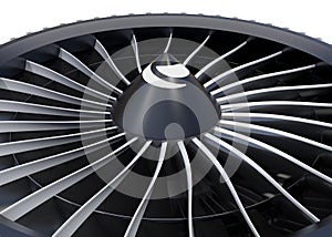 Close-up of jet fan engine turbo blades