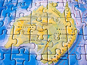 Close up of a jigsaw puzzle map depicting Australia