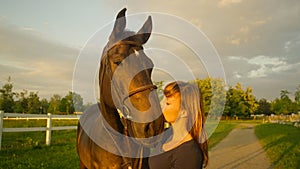 CLOSE UP: Joyful young woman closes her eyes and kisses her stallion on muzzle.