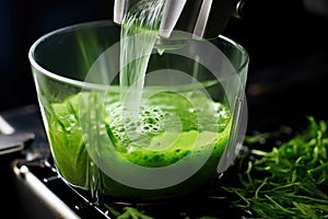 close-up of juicer extracting vibrant green juice