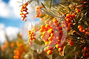 Close-up of juicy bunches of sea-buckthorn in the sunlight. Trees with orange fruits on a bright sunny day against a blue sky. .