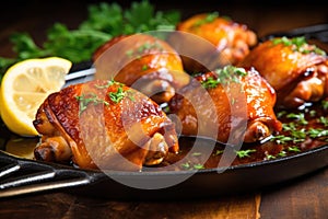 close-up of juicy chicken thighs with fork prongs inserted