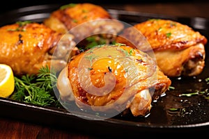 close-up of juicy chicken thighs with fork prongs inserted