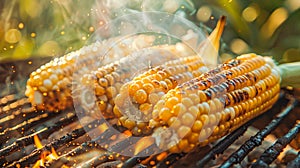 Close-up of juicy corn on the cob grilling with vibrant flames and smoke