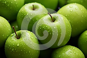 Close up Juicy green apple glistening with refreshing morning dew drops