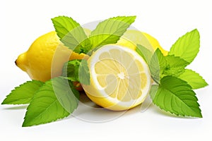 Close up of a juicy green lemon with vibrant leaves, perfectly isolated on a clean white background