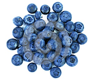 Close-up of a juicy, healthful and tasty blueberry, isolated on a white background. Summer fruits, top view. Organic heap of berri