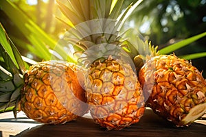 close-up of juicy pineapples under sunlit palm leaves