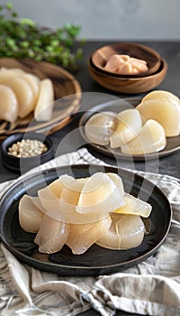 Close up of juicy pomelo fruit without peel on blurred background with space for text photo