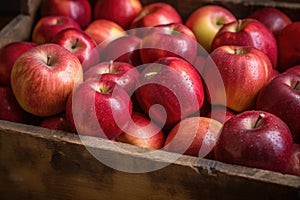 close-up of juicy red apples in a rustic wooden crate