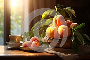 Close-up of juicy ripe apricots drenched in soft sunlight with blurred background