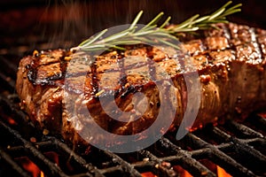 close-up of juicy steak on grill grates