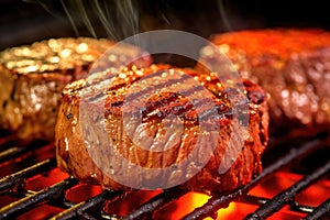 close-up of juicy steak on grill grates