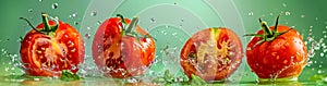 Close-up of juicy tomato halves amid a splash of water droplets on a clean, teal background, highlighting freshness and natural