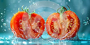 Close-up of juicy tomato halves amid a splash of water droplets on a clean, teal background, highlighting freshness and natural photo