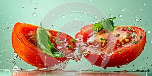 Close-up of juicy tomato halves amid a splash of water droplets on a clean, teal background, highlighting freshness and natural photo