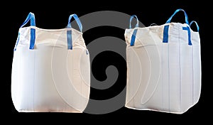Close up of a jumbo bag on wooden pallet with background of bulk sugar bags photo