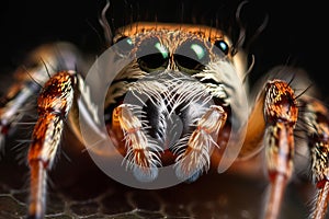 Close-up of jumping spider on dark background. Generative AI.