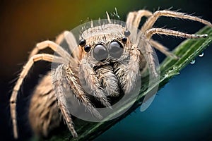 Close-up of a jumping spider. Jumping spider macro photography.