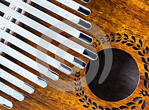 Close up Kalimba, African traditional wooden percussion music instrument, thumb piano