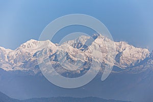 Close-up Kangchenjunga mountain in the morning with blue and orange sky that view from The Tiger Hill in winter at Tiger Hill.