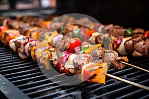 close-up of kebabs with variety of meat turning over a gas grill